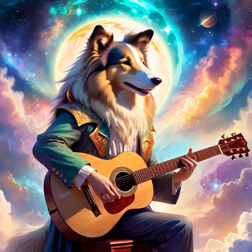 collie as a musician in an ethereal fantasy setting, playing guitar with a majestic and magical touch.