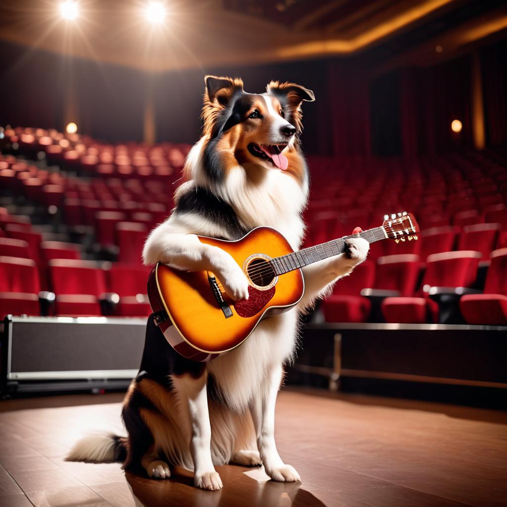 collie as a musician playing guitar in a cinematic concert hall, capturing dynamic and high-energy performance.