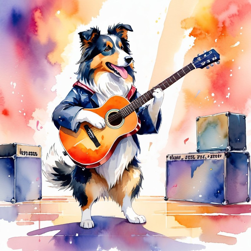 collie as a musician in a watercolor painting, playing guitar in a vibrant and detailed concert hall scene.