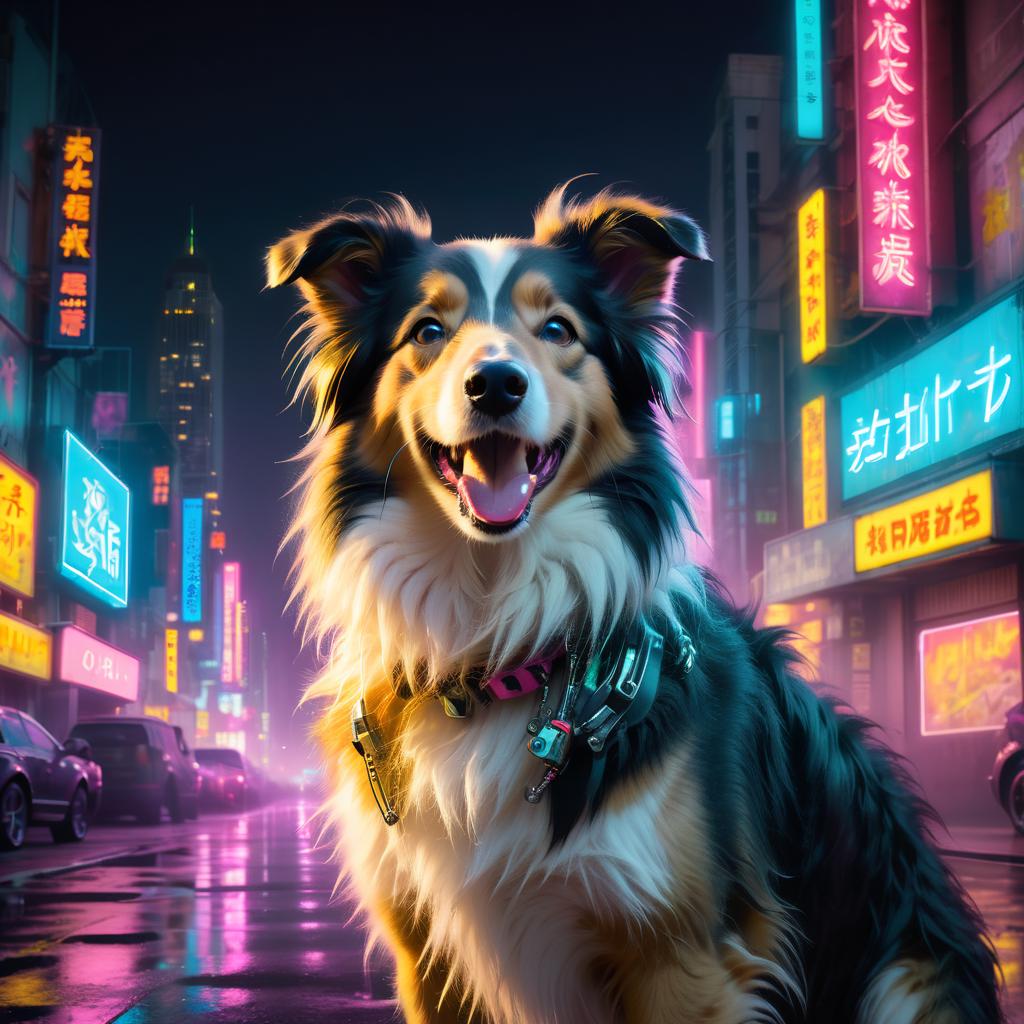 collie in a vibrant neon city with chinapunk style, featuring captivating lighting and a modern, exotic look.