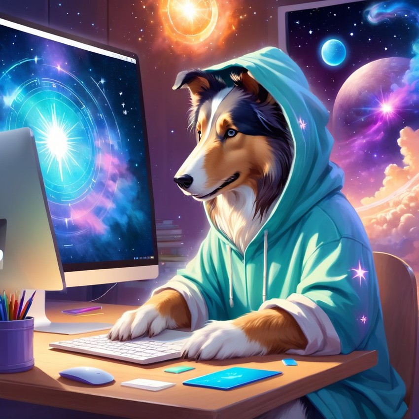 collie as a programmer, working on a laptop in a hoodie, capturing a cute and magical moment.