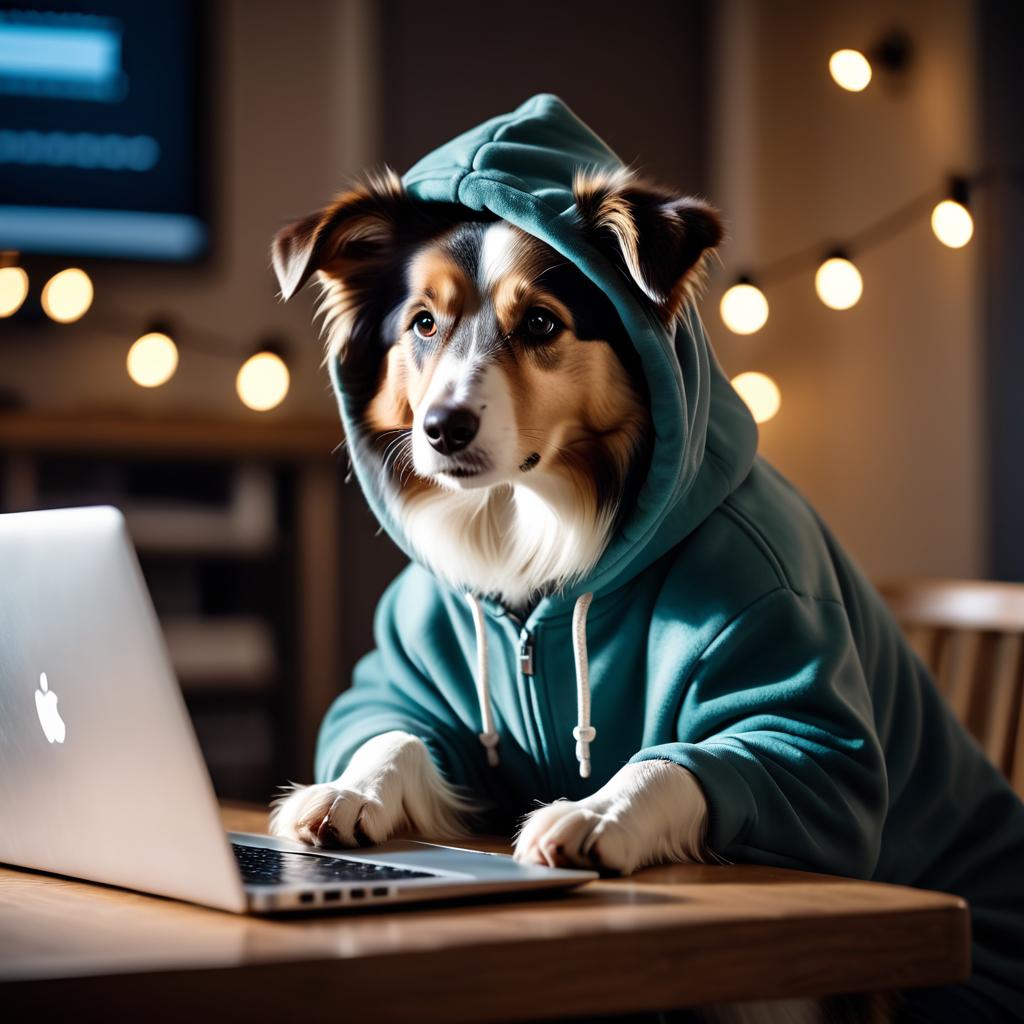 collie as a programmer, working on a laptop in a hoodie, capturing a cute and happy moment.