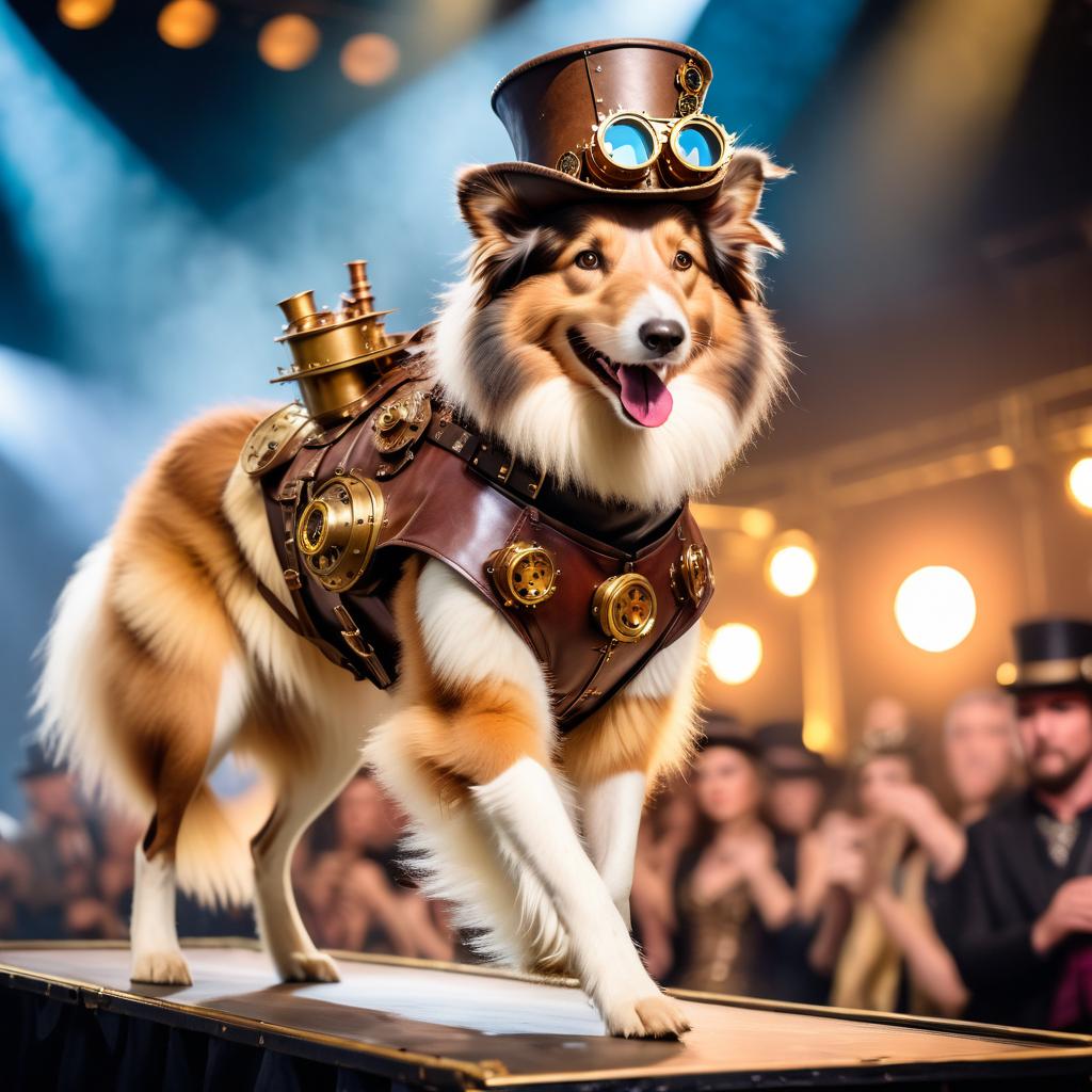 collie strutting down the fashion show catwalk stage in an elaborate steampunk outfit featuring leather harnesses, brass gears, and a top hat, high energy and dramatic.