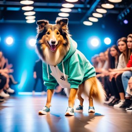 collie strutting down the fashion show catwalk stage in trendy streetwear including a cool hoodie and sneakers, high energy and trendy.