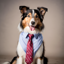 collie in a stylish shirt and tie, with a diffused background, capturing their cute and professional side.