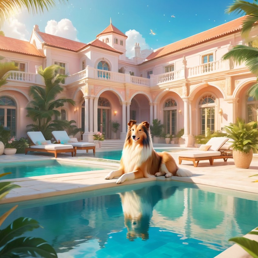 collie suntanning next to a luxurious villa pool, capturing a posh and magical moment.