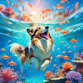 collie swimming in a magical blue ocean with colorful fish and coral reef, capturing a dreamy and adventurous underwater scene.