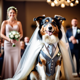 collie in a beautiful wedding suit, capturing a cute and happy moment in a romantic environment.