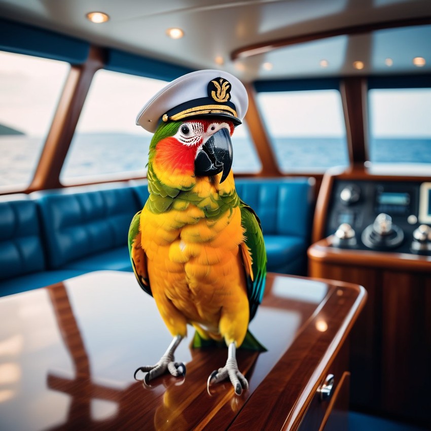 conure bird as a captain on a luxury yacht, wearing captain uniform, against a blue sea.