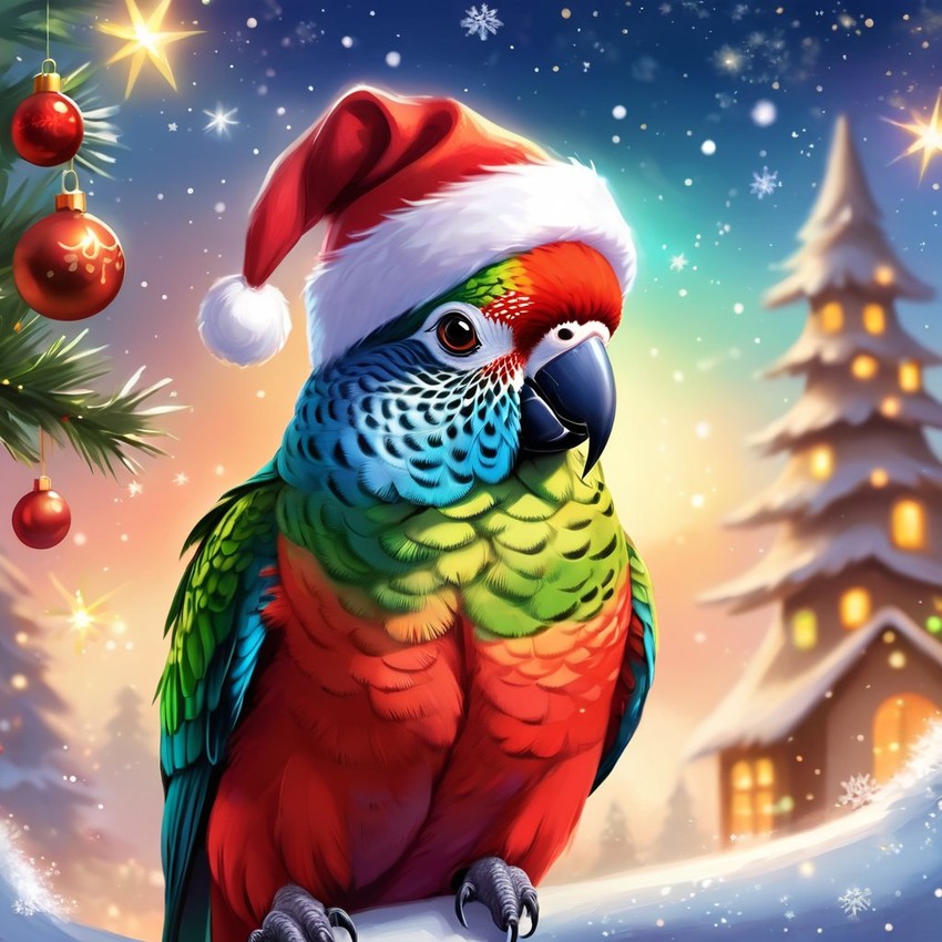 conure bird in a christmas sweater and santa hat, ethereal and magical.