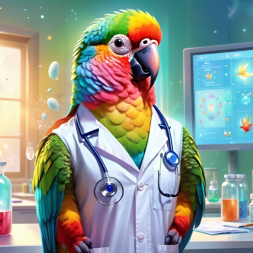 conure bird as a doctor in a magical hospital setting, ethereal and dreamy with celestial details.