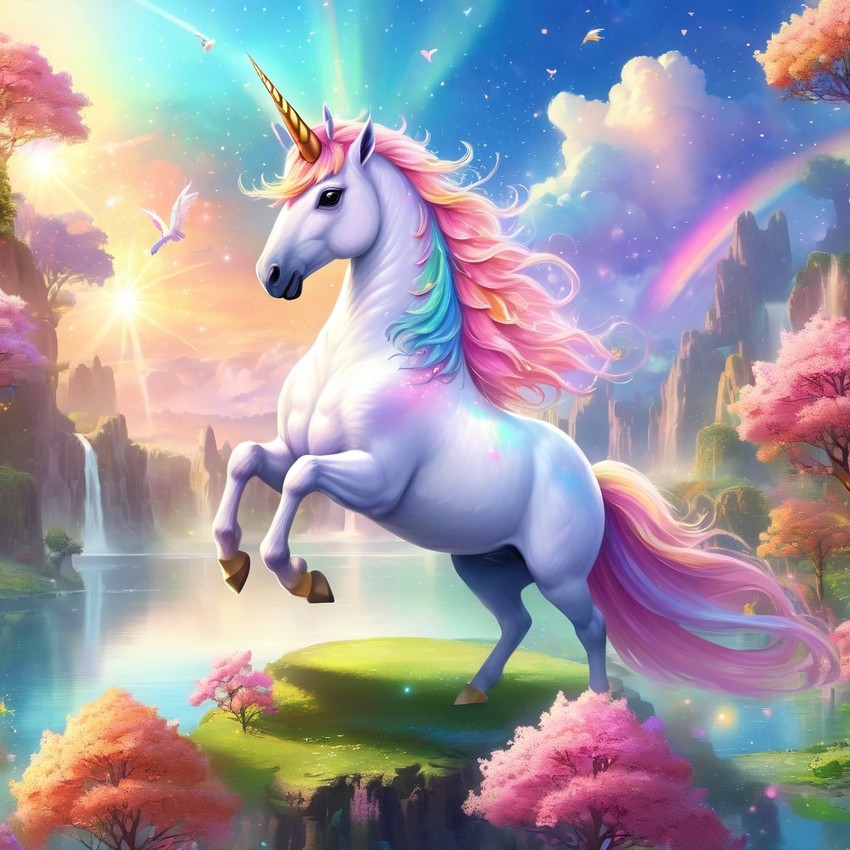 conure bird as a unicorn in a magical fairytale environment, capturing an ethereal and majestic scene.