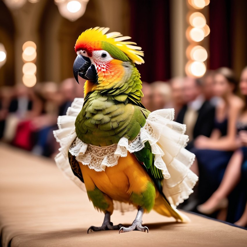 conure bird strutting down the fashion show catwalk stage in a vintage victorian outfit with lace and ruffles, high energy and majestic.