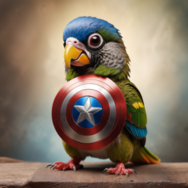 conure bird as captain america from avengers, lifelike and highly detailed.