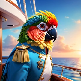 conure bird as a captain on a luxury yacht, wearing captain uniform, ethereal and majestic.