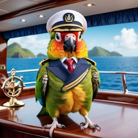 conure bird as a captain on a luxury yacht, wearing captain uniform, highly detailed.