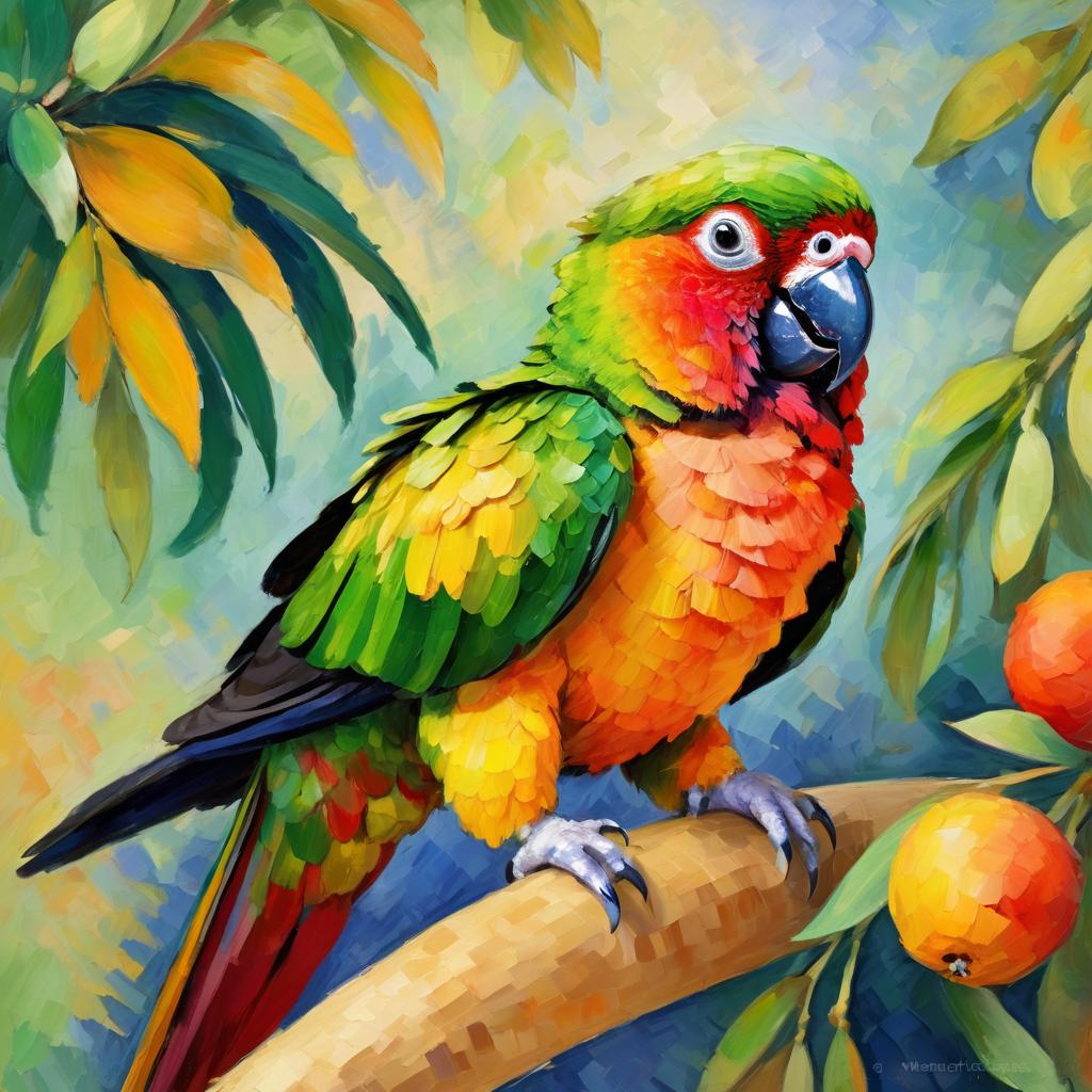 conure bird in the style of cezanne, highlighting classic brush strokes and an elegant, timeless look.