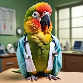 conure bird as a doctor with extreme detail in a studio setting, lifelike and high resolution.