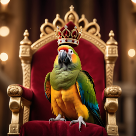 conure bird as a king in a magical castle, wearing a crown and robe, seated on a throne.