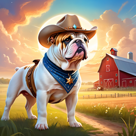 bulldog as a cowboy wearing a hat, in the midwest countryside, on a farm.