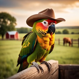 conure bird as a cowboy wearing a hat, in the midwest countryside, on a farm.