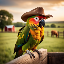 conure bird as a cowboy wearing a hat, in the midwest countryside, on a farm.