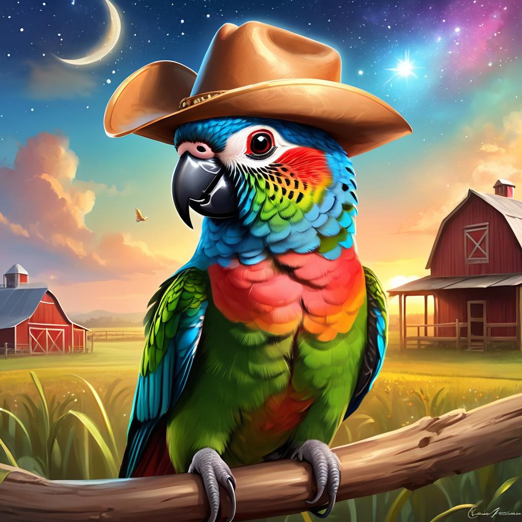 conure bird as a cowboy wearing a hat, in the midwest countryside, on a farm.