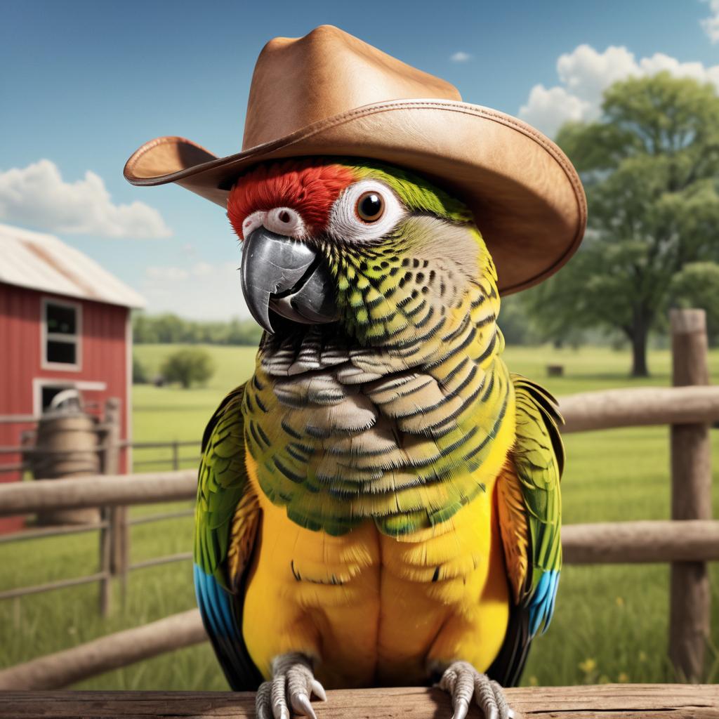 conure bird as a cowboy wearing a hat, in the midwest countryside, on a farm.