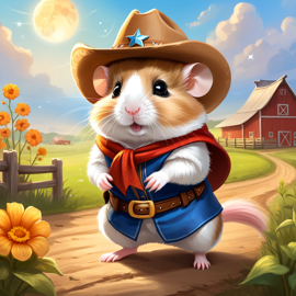 dwarf campbell russian hamster as a cowboy wearing a hat, in the midwest countryside, on a farm.