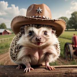 european hedgehog as a cowboy wearing a hat, in the midwest countryside, on a farm.