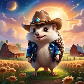 european hedgehog as a cowboy wearing a hat, in the midwest countryside, on a farm.