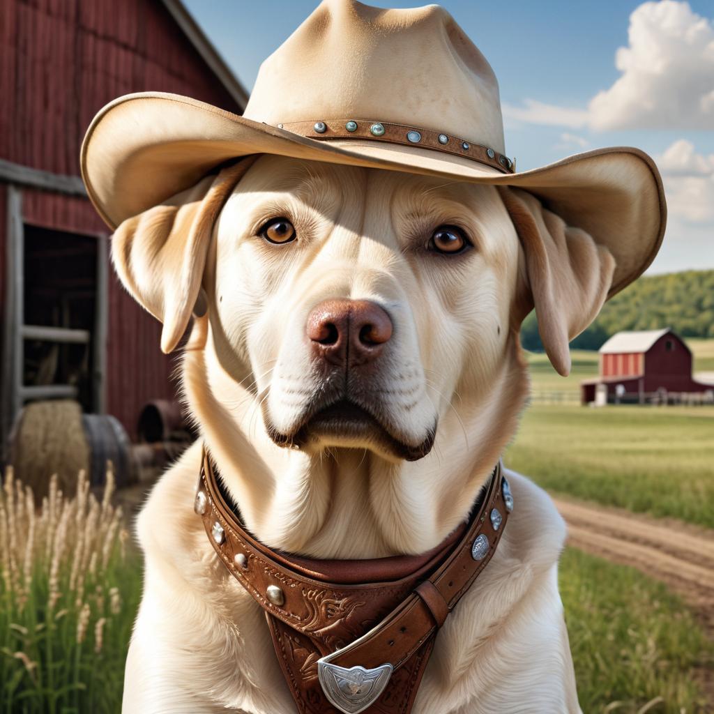 labrador retriever as a cowboy wearing a hat, in the midwest countryside, on a farm.