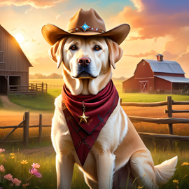 labrador retriever as a cowboy wearing a hat, in the midwest countryside, on a farm.