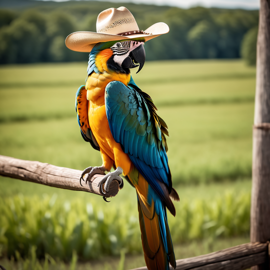 macaw bird as a cowboy wearing a hat, in the midwest countryside, on a farm.