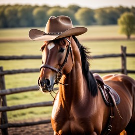 mustang horse as a cowboy wearing a hat, in the midwest countryside, on a farm.