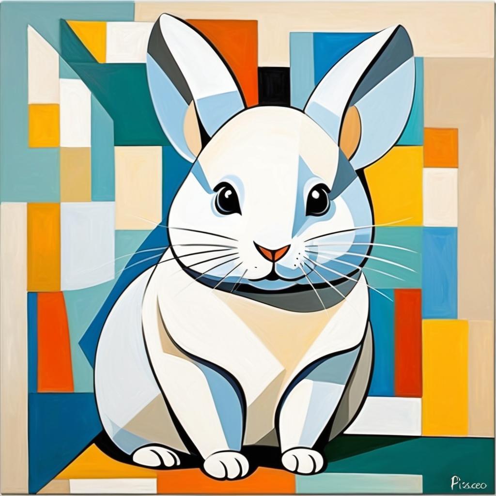 abstract cubism style portrait of white chinchilla inspired by picasso, blending creativity and classic art in a bold representation.