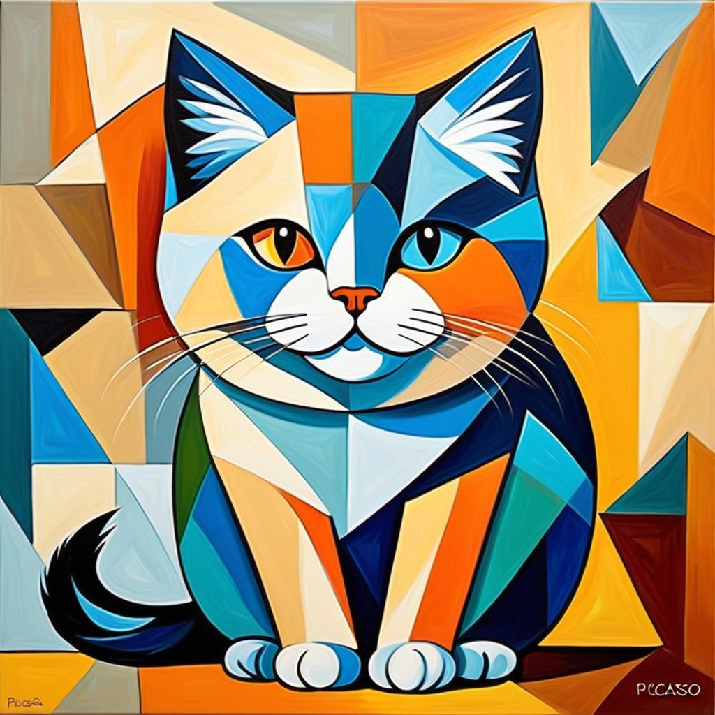 abstract cubism style portrait of himalayan cat inspired by picasso, blending creativity and classic art in a bold representation.