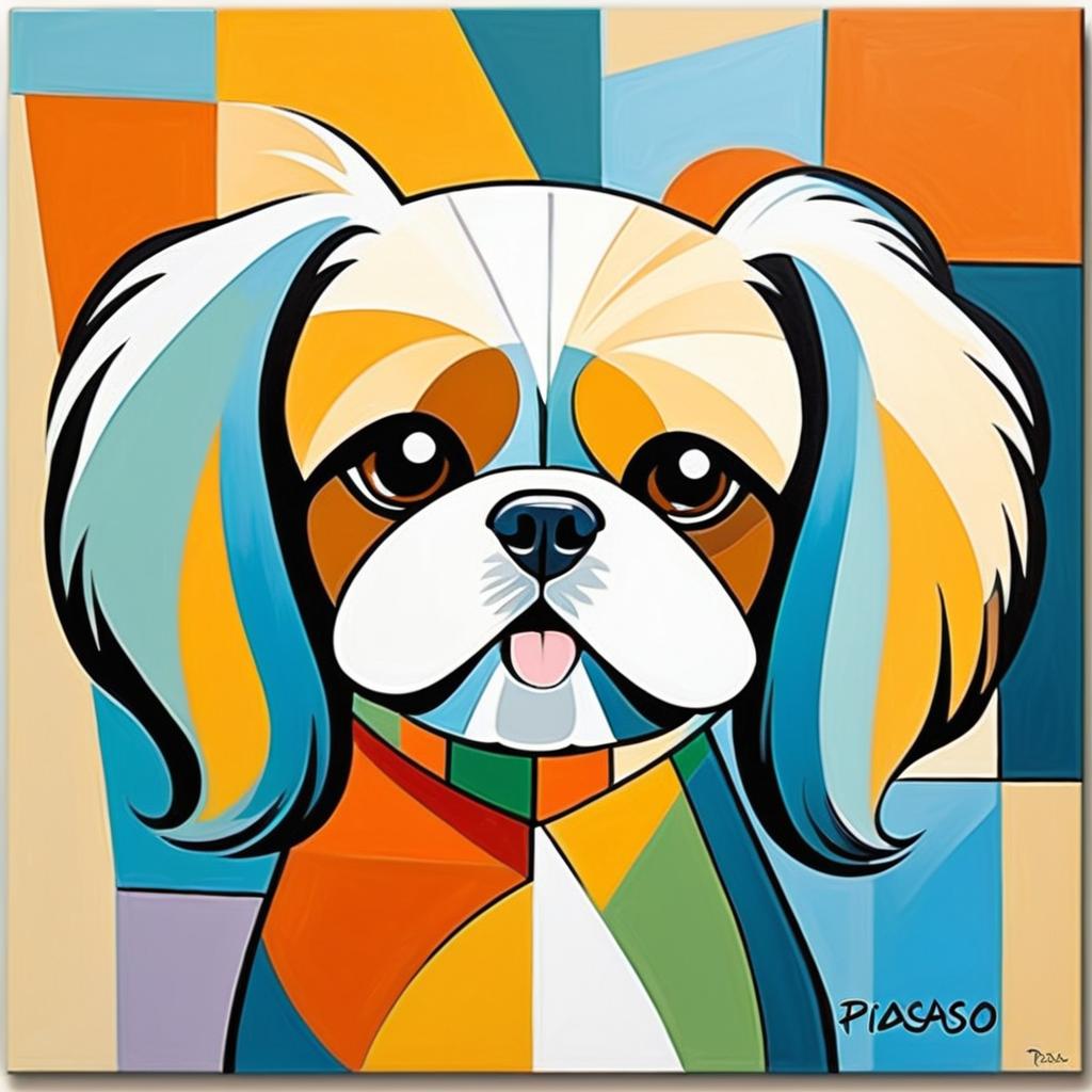 abstract cubism style portrait of shih tzu inspired by picasso, blending creativity and classic art in a bold representation.