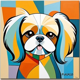 abstract cubism style portrait of shih tzu inspired by picasso, blending creativity and classic art in a bold representation.