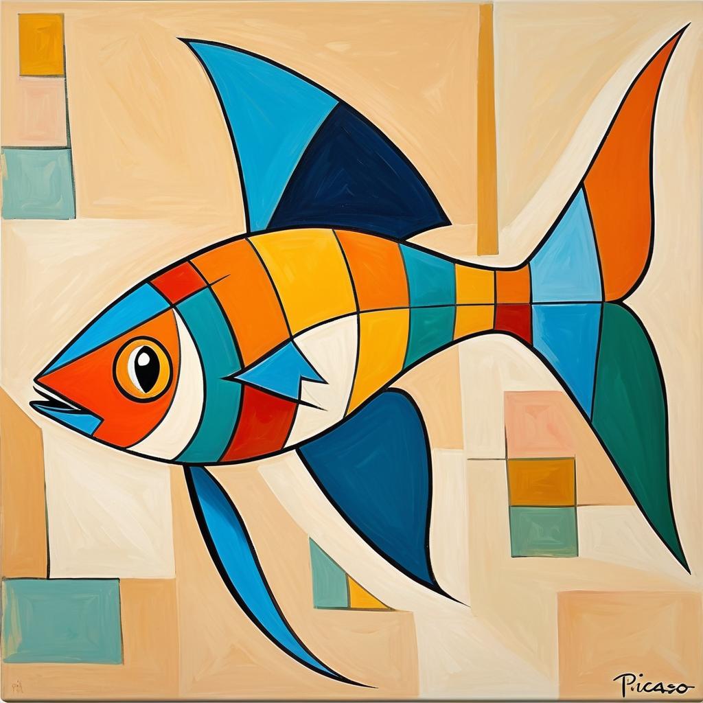 abstract cubism style portrait of swordtail fish inspired by picasso, blending creativity and classic art in a bold representation.