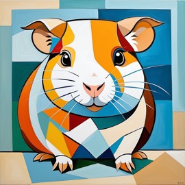 abstract cubism style portrait of texel guinea pig inspired by picasso, blending creativity and classic art in a bold representation.