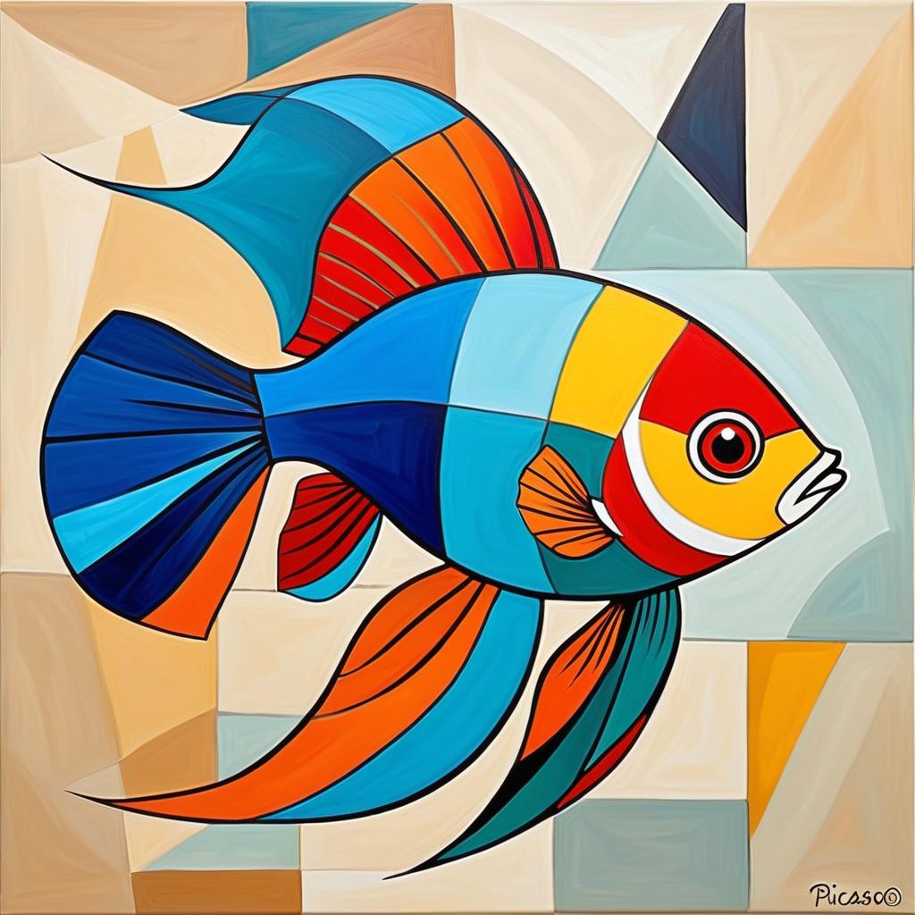 abstract cubism style portrait of betta fish inspired by picasso, blending creativity and classic art in a bold representation.