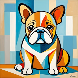 abstract cubism style portrait of bulldog inspired by picasso, blending creativity and classic art in a bold representation.