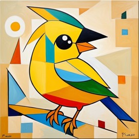 abstract cubism style portrait of canary bird inspired by picasso, blending creativity and classic art in a bold representation.