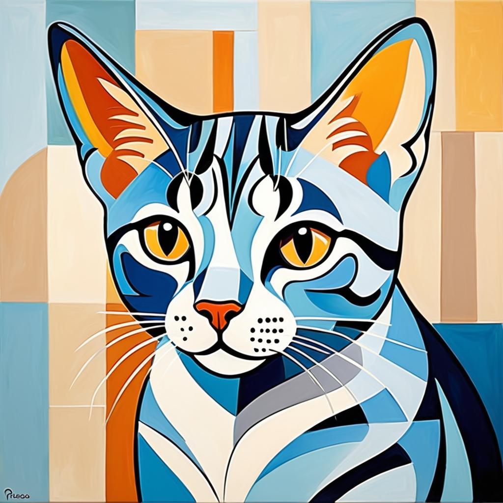 abstract cubism style portrait of egyptian mau cat inspired by picasso, blending creativity and classic art in a bold representation.