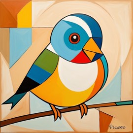 abstract cubism style portrait of finch bird inspired by picasso, blending creativity and classic art in a bold representation.