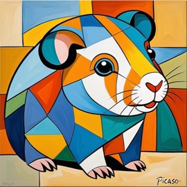 abstract cubism style portrait of peruvian guinea pig inspired by picasso, blending creativity and classic art in a bold representation.