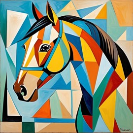 abstract cubism style portrait of quarter horse horse inspired by picasso, blending creativity and classic art in a bold representation.