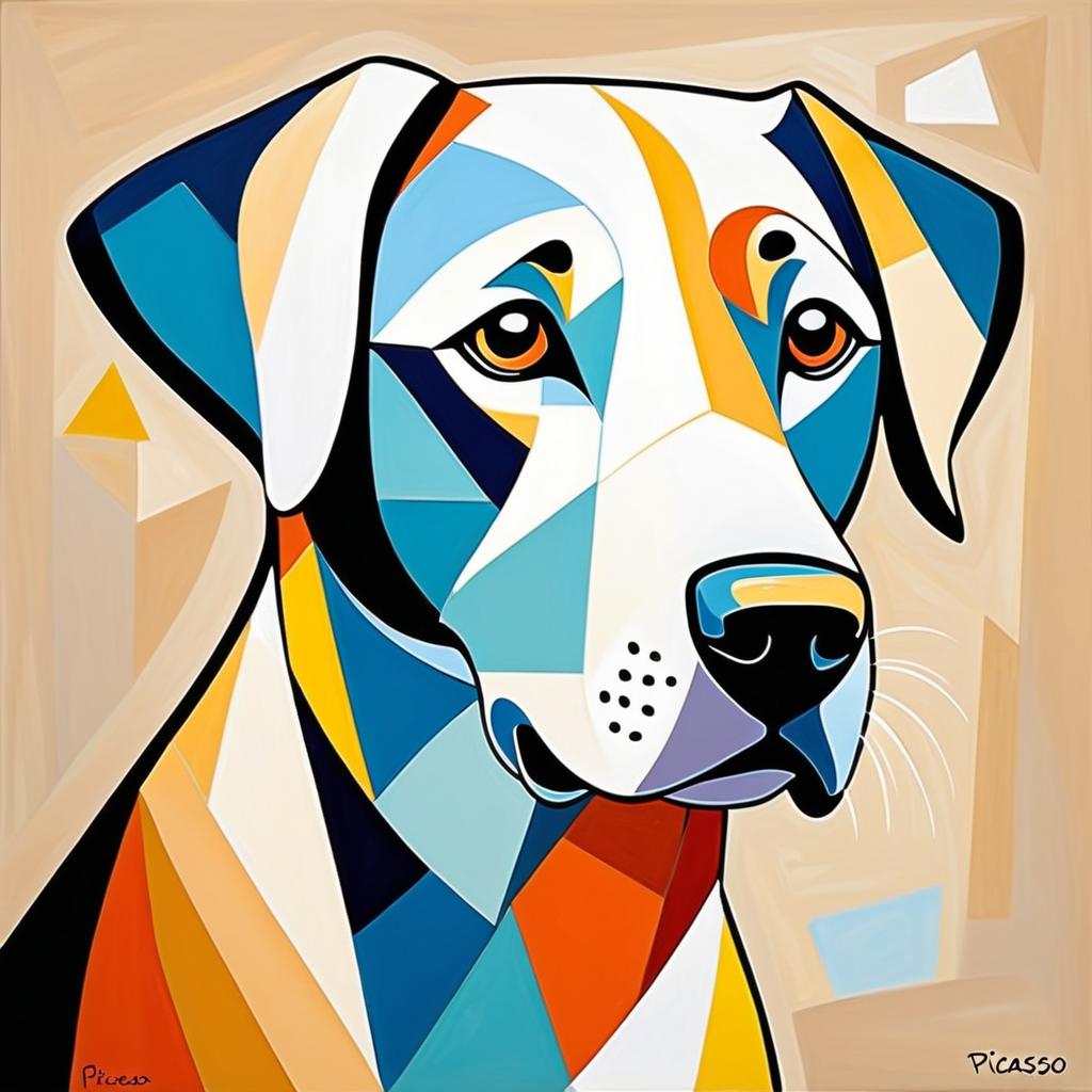 abstract cubism style portrait of labrador retriever inspired by picasso, blending creativity and classic art in a bold representation.