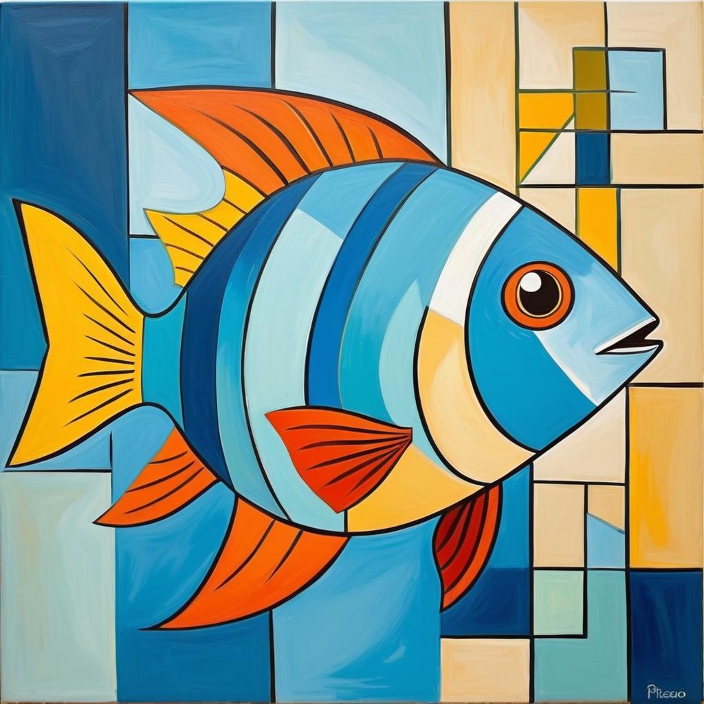 abstract cubism style portrait of molly fish inspired by picasso, blending creativity and classic art in a bold representation.